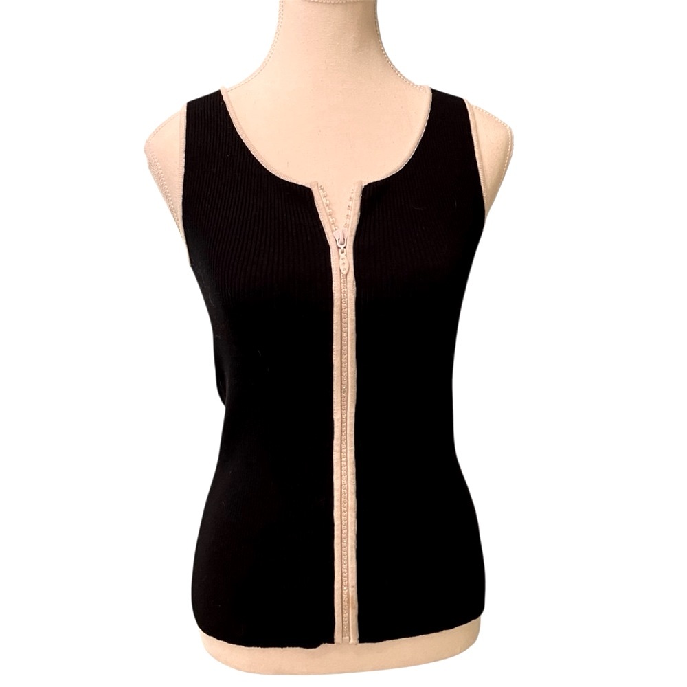 Belldini Black Sleeveless Ribbed Tank with White Trim & Rhinestone Zipper- Small